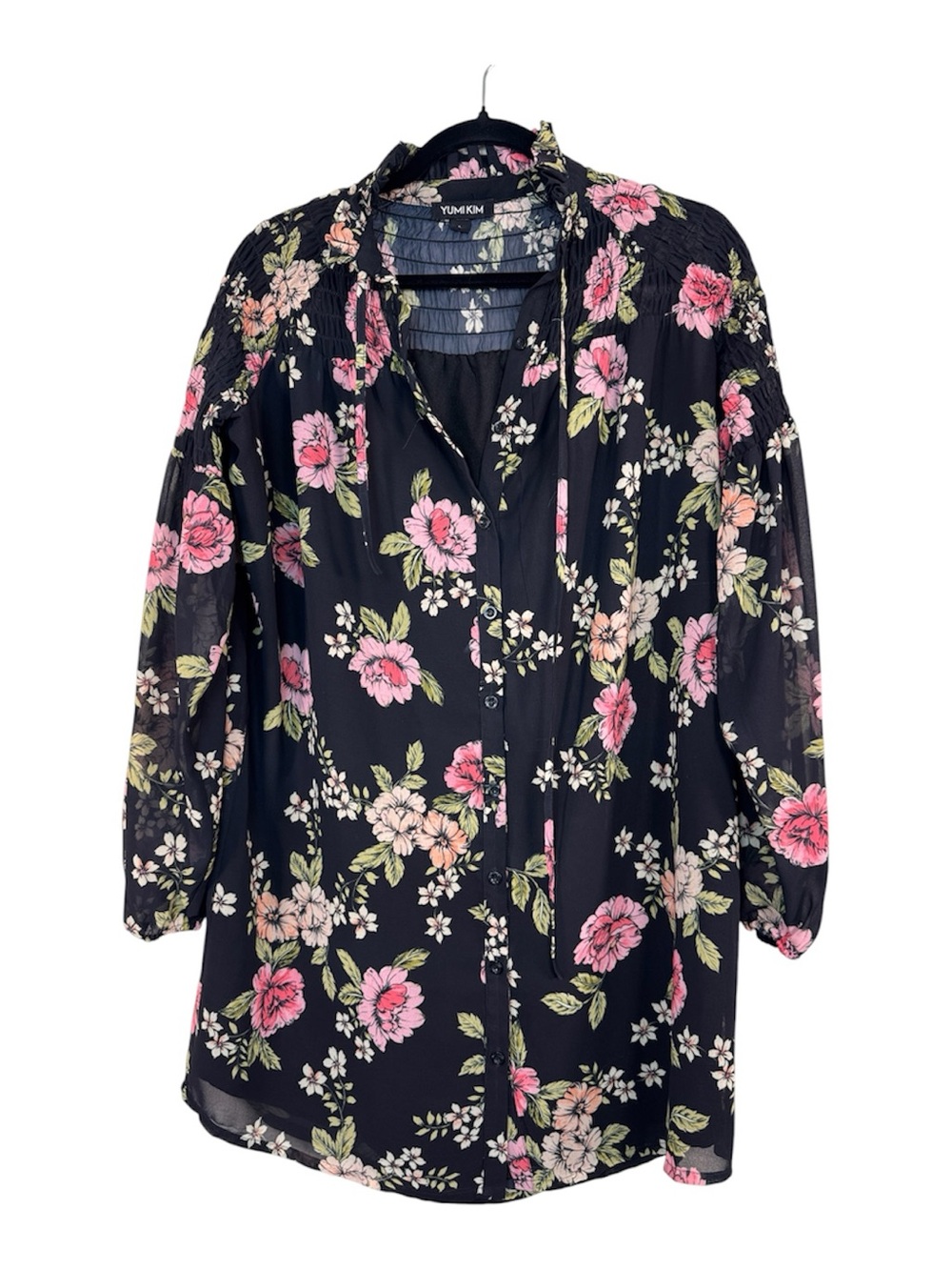 Yumi Kim Black Floral Ruffled Mini Dress Womens L Boho Casual Anthropologie